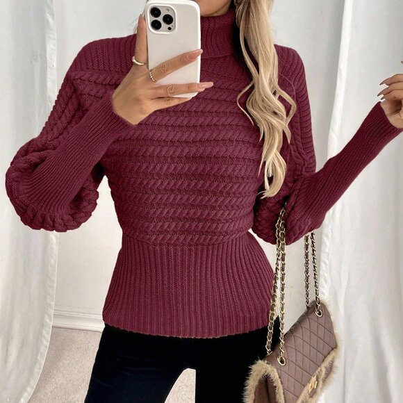 Burgundy Women's Casual Turtleneck Cable Knit Oversized Pullover Sweater - Picture 3 of 6